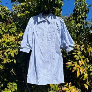 Ganni blue striped chambray button down puff sleeve mini shirt dress